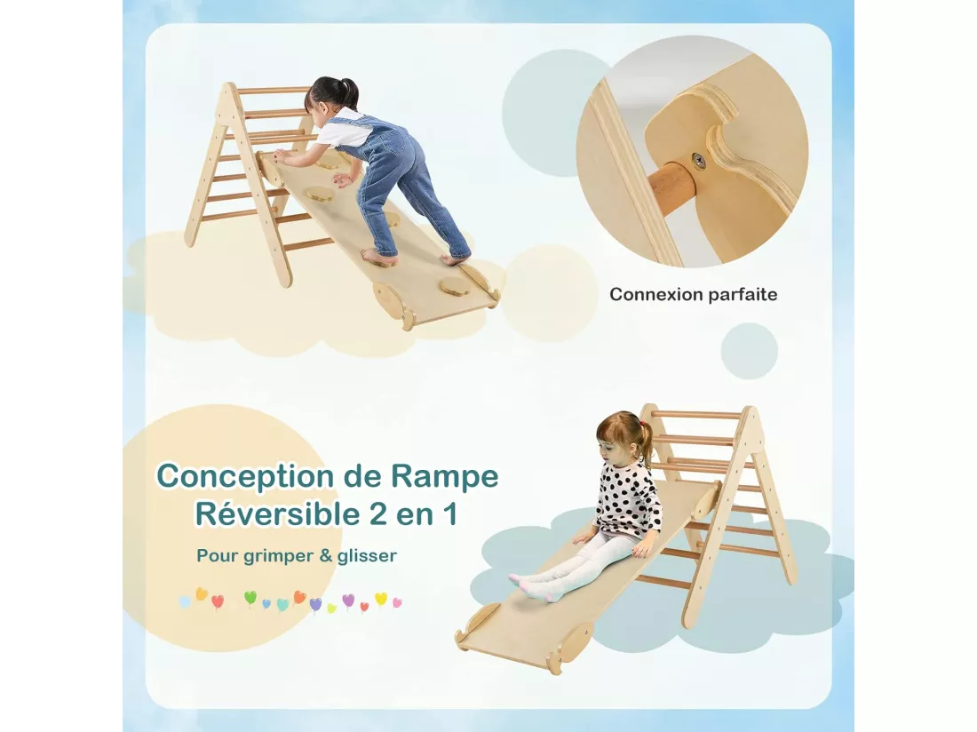 3 en 1 Triangle d'escalade Enfant avec Rampe Double Face, Echelle d'escalade en Bois Moderne avec Inclinaison Réglable, Structure de Jeu pour Maison Garderie pour Tout-Petits de 1 an+