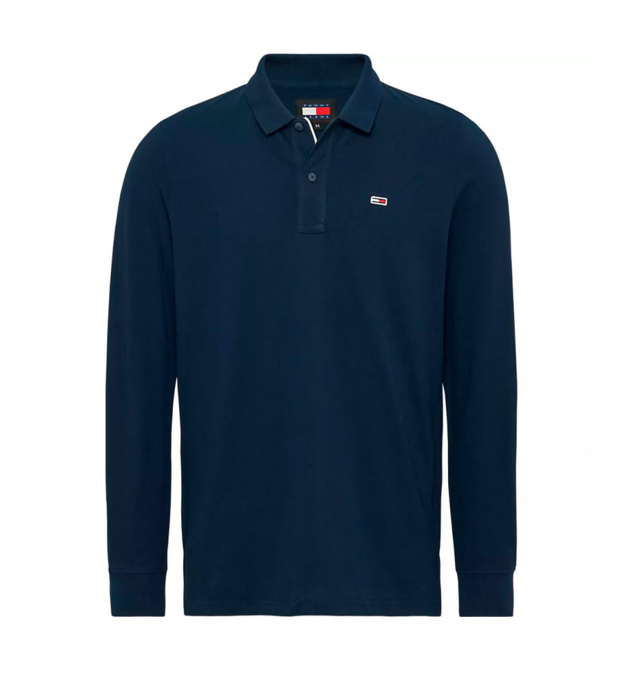 Camisa polo Tommy Jeans Slim Placket de manga comprida, azul marinho