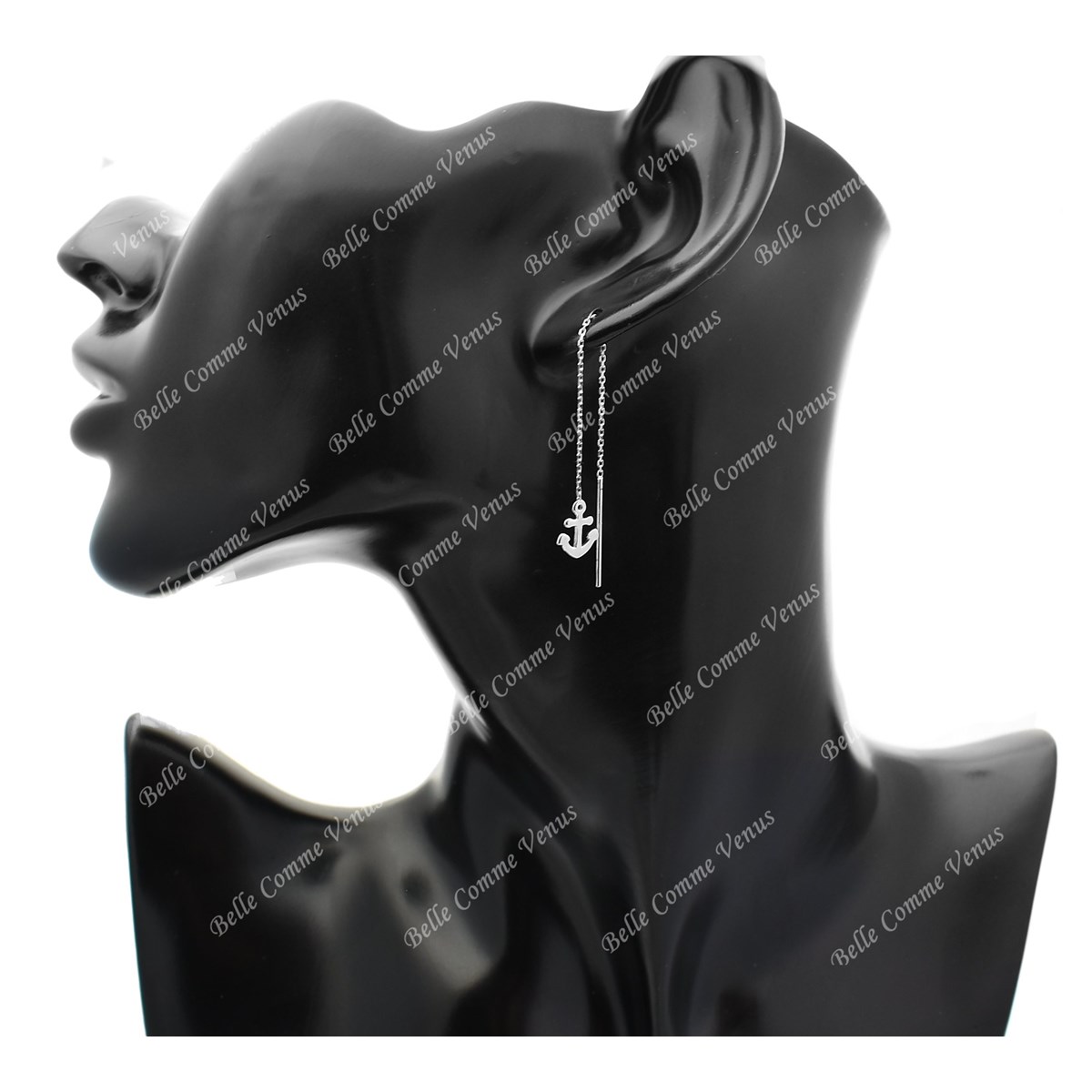 Boucles d'oreilles ancre marine traversantes chaînes pendantes Argent 925 Rhodié