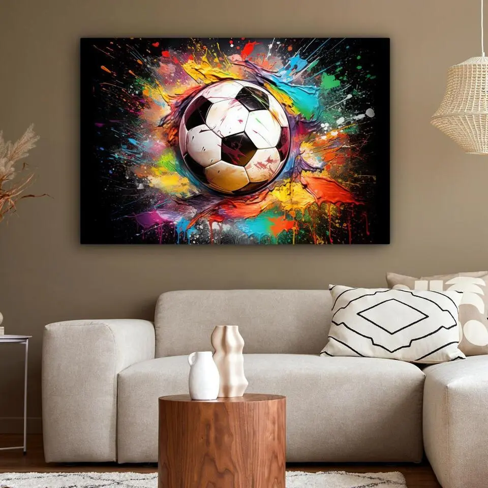 MuchoWow Canvas Schilderij 120x80cm Voetbal Verf Kleuren Zwart