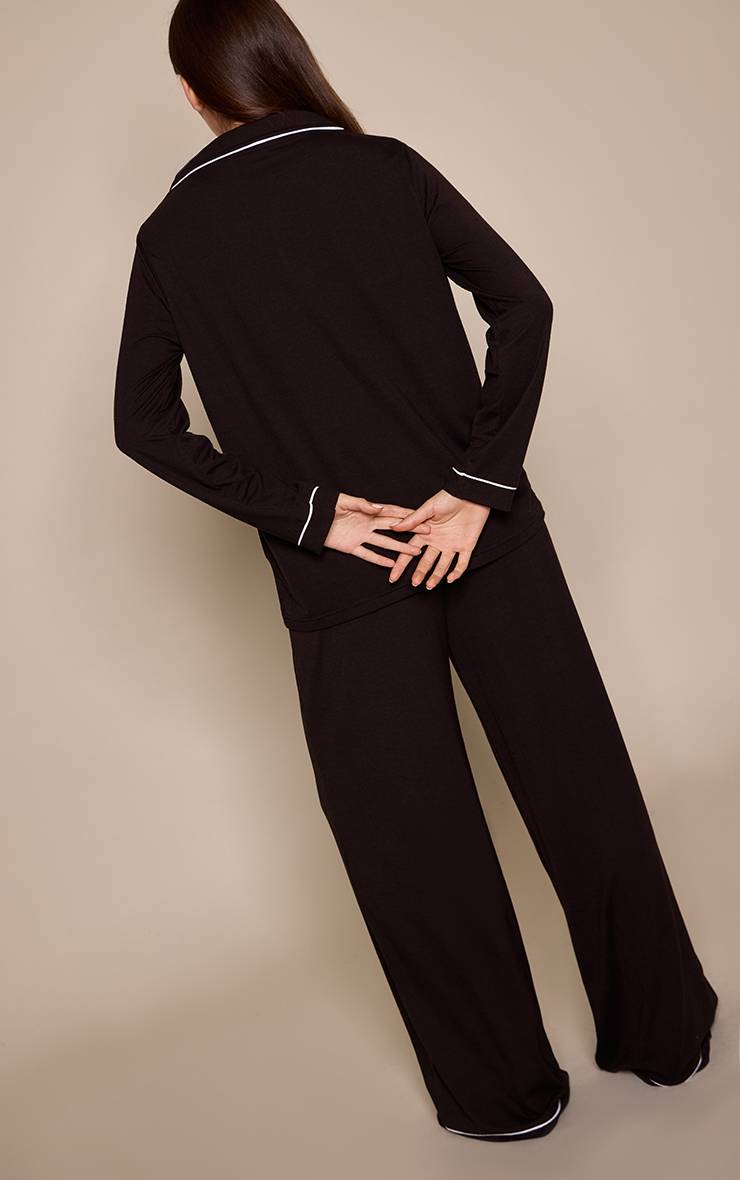 Noir Ensemble Pyjama Haut Manches Longues Et Pantalon En Jersey Doux Avec Passepoil