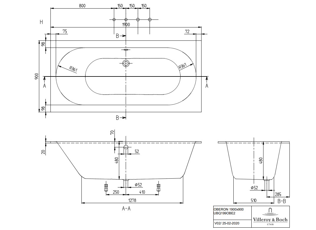 Villeroy & Boch Oberon inbouw ligbad 190x90cm wit mat