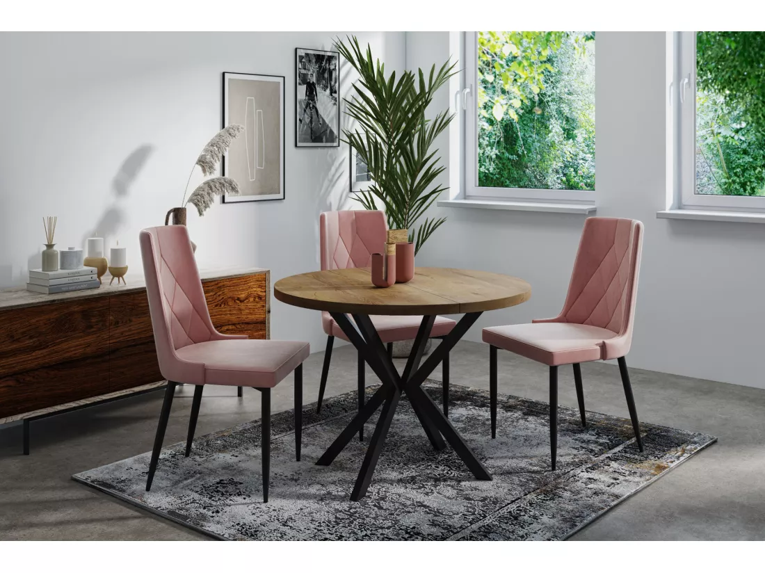 Table à Manger Extensible Ronde - Table Style Loft Avec Pieds En Métal - 120 à 200 Cm - Table Ronde Style Industriel Pour Le Salon - Compacte - Chêne Lefkas/noir -