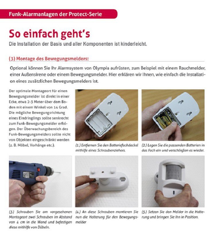 OLYMPIA Protect 9061 Drahtloses GSM Alarmanlagen-Set mit 4 Tür-/Fensterkontakten und Bewegungsmelder