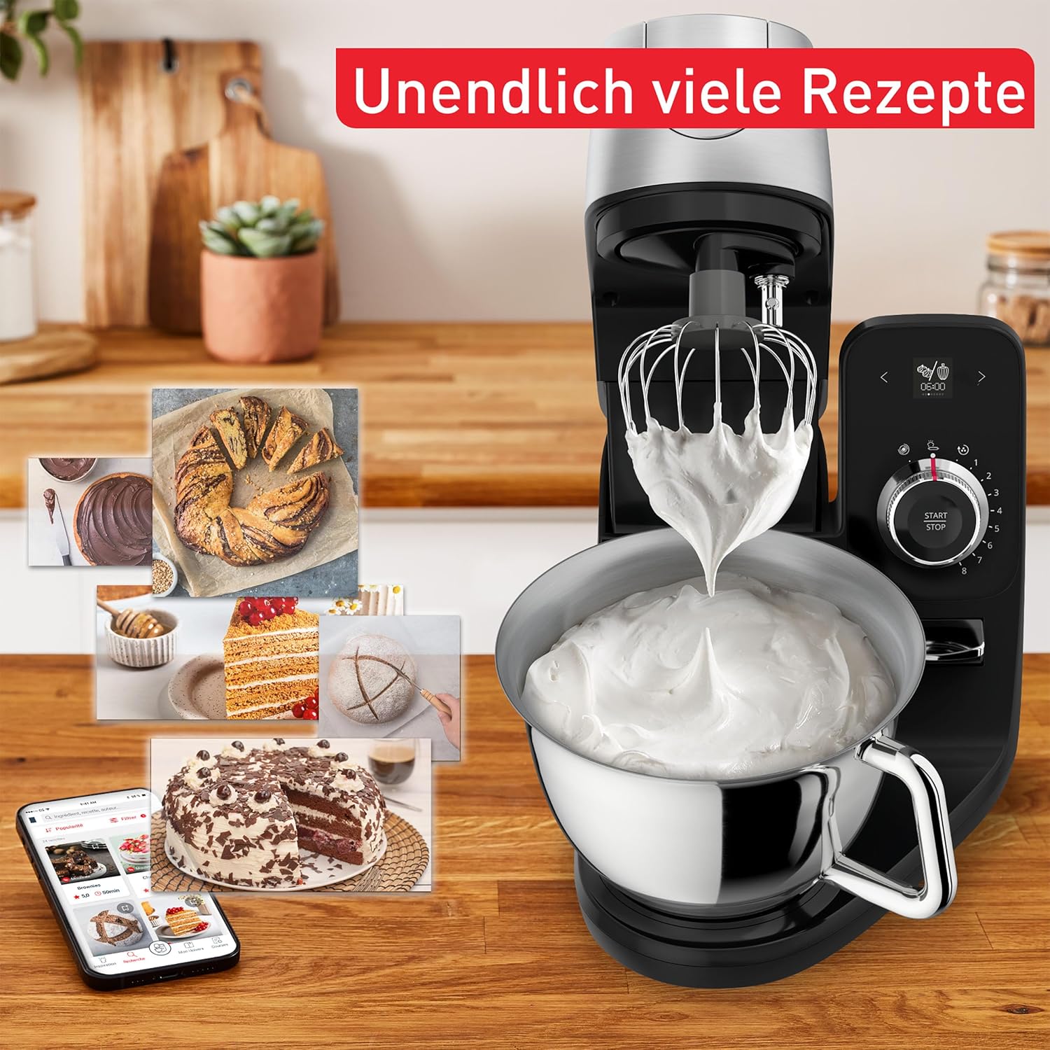 Tefal Coach Küchenmaschine, 1200 W, 8 Auto-Programme, inkl. Back-Zubehör und App, personalisiertes Erlebnis, planetarisches Rührsystem, Schwarz/Silber, QB900838