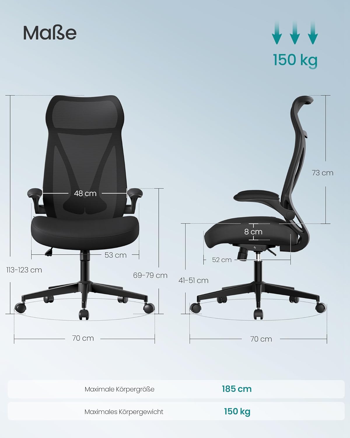 SONGMICS Bürostuhl, Schreibtischstuhl, ergonomische Rückenlehne, höhenverstellbar, hochklappbare Armlehnen, Drehstuhl mit Kopfstütze, bis 150 kg belastbar, tintenschwarz OBN088B01 JI4560770