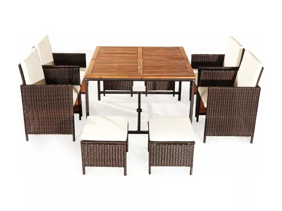 Salon de Jardin 9 Pièces, Ensemble Meuble de Terrasse avec Coussins et Repose-Pieds et Table en Rotin et fibre naturelle PE pour Véranda, Patio, Jardin, Terrasse, Piscine(Blanc)