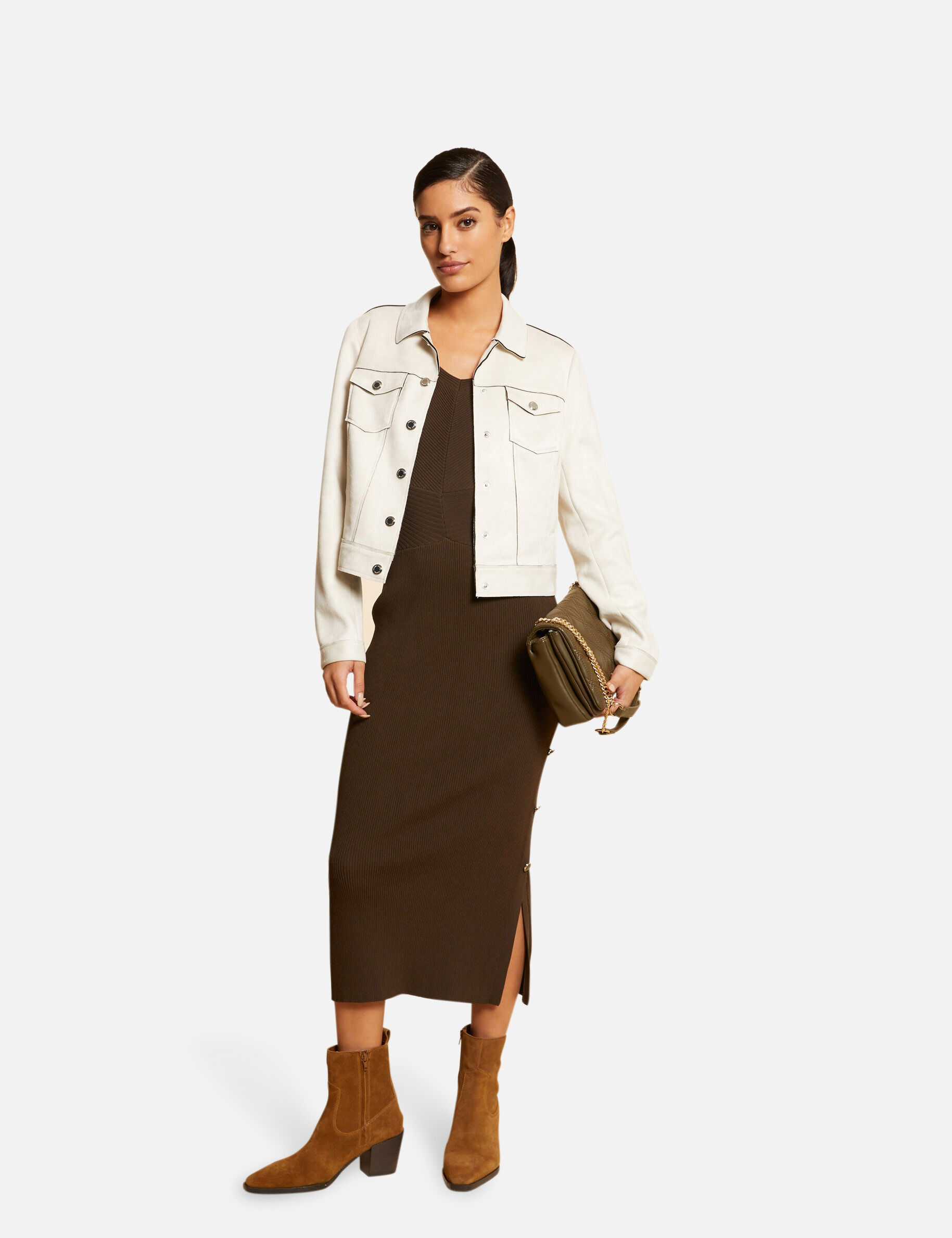 Blouson droit boutonné suédine ecru moyen femme - ecru_moyen