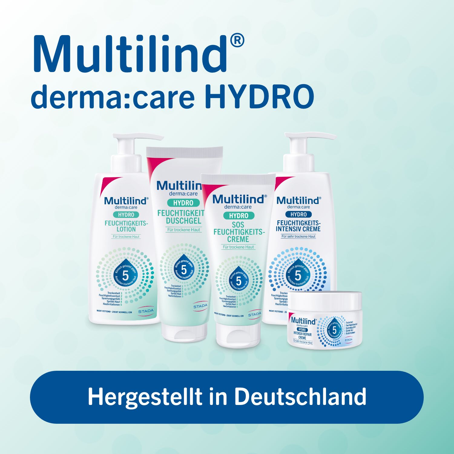 Multilind® derma:care HYDRO Feuchtigkeitslotion: tägliche Feuchtigkeit für trockene Haut. Wirkt sofort und langanhaltend. Pflegt mit Ceramide NP, Panthenol, Glyzerin, Rizinusöl, Beerenwachs