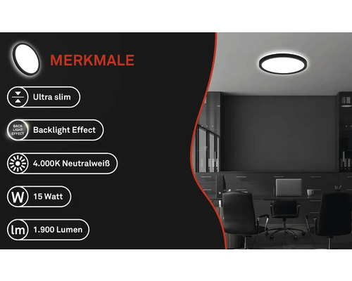 LED Sensor Plafondlamp IP44 15W 1900 lm 4000 K HxØ 3x24 cm Slank zwart/wit + Achtergrondverlichting