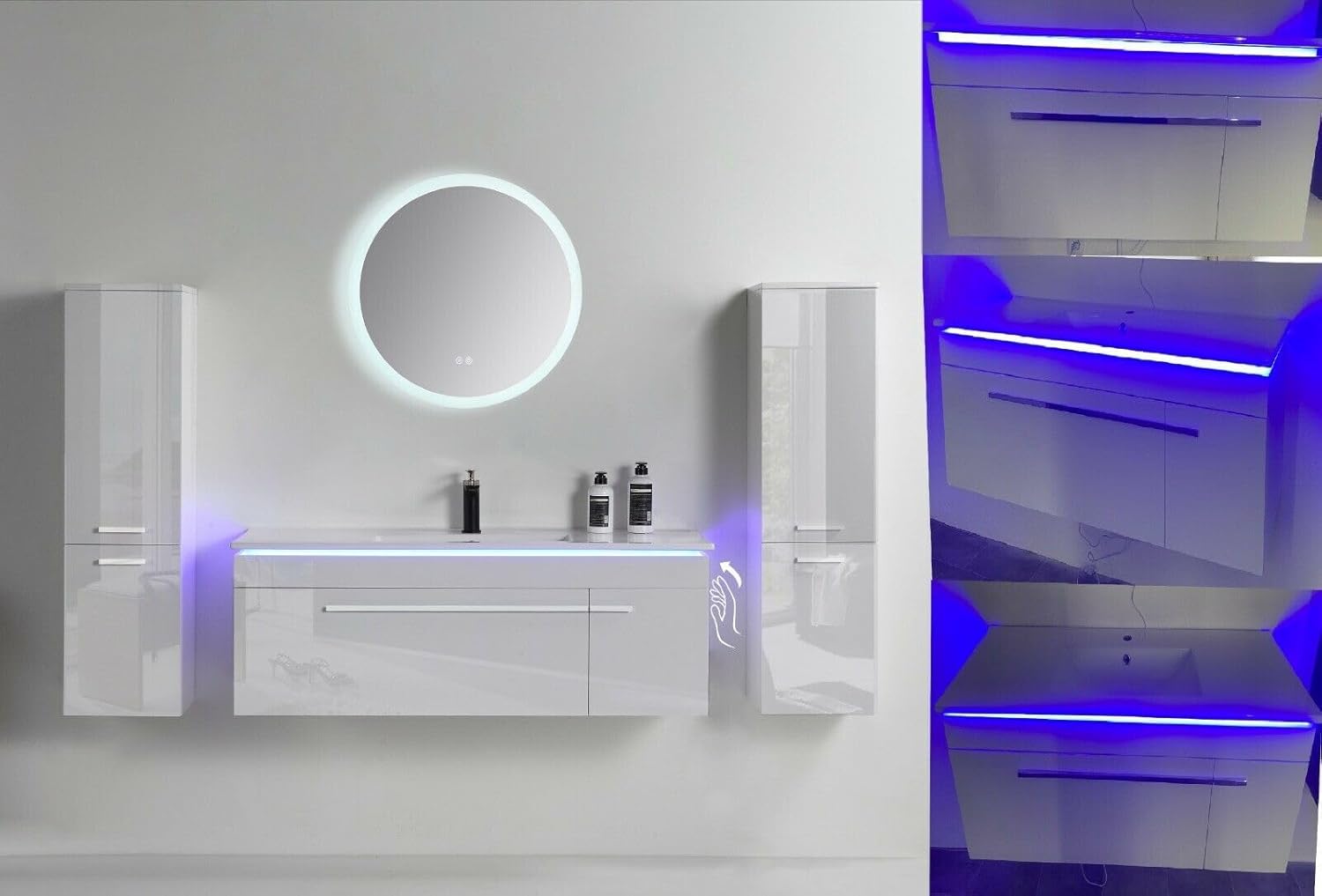 Faizee Möbel | Badmöbel-Set 90 cm in Weiß Hochglanz | Keramik-Waschbecken & Runder LED-Spiegel | Modernes Badezimmermöbel-Set ohne Schränke – Stilvolle Einrichtung für jedes Bad