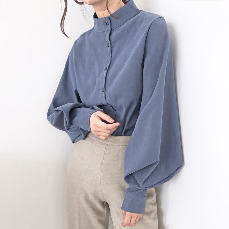 Mikiko - Blouse met ballonmouwen, lange mouwen en mandarijnkraag