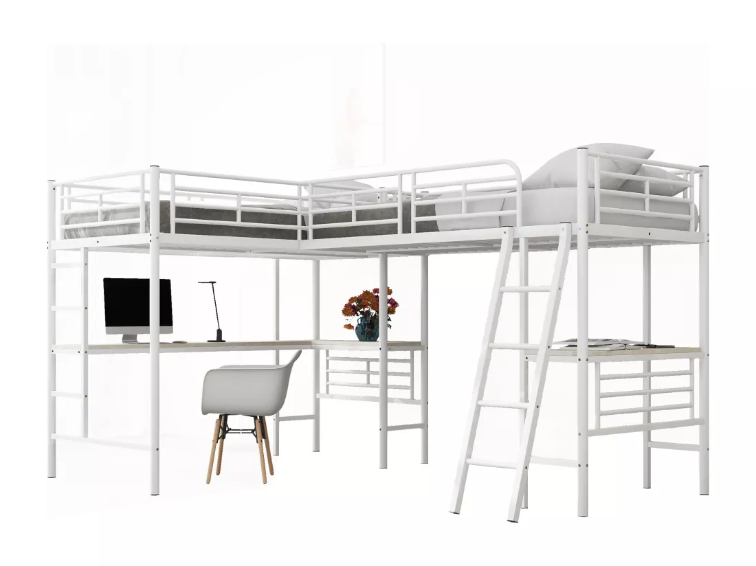 Blanc 90 * 200cm lits superposés, deux lits superposés, table sous le lit, Double escalier, barre de haute hauteur