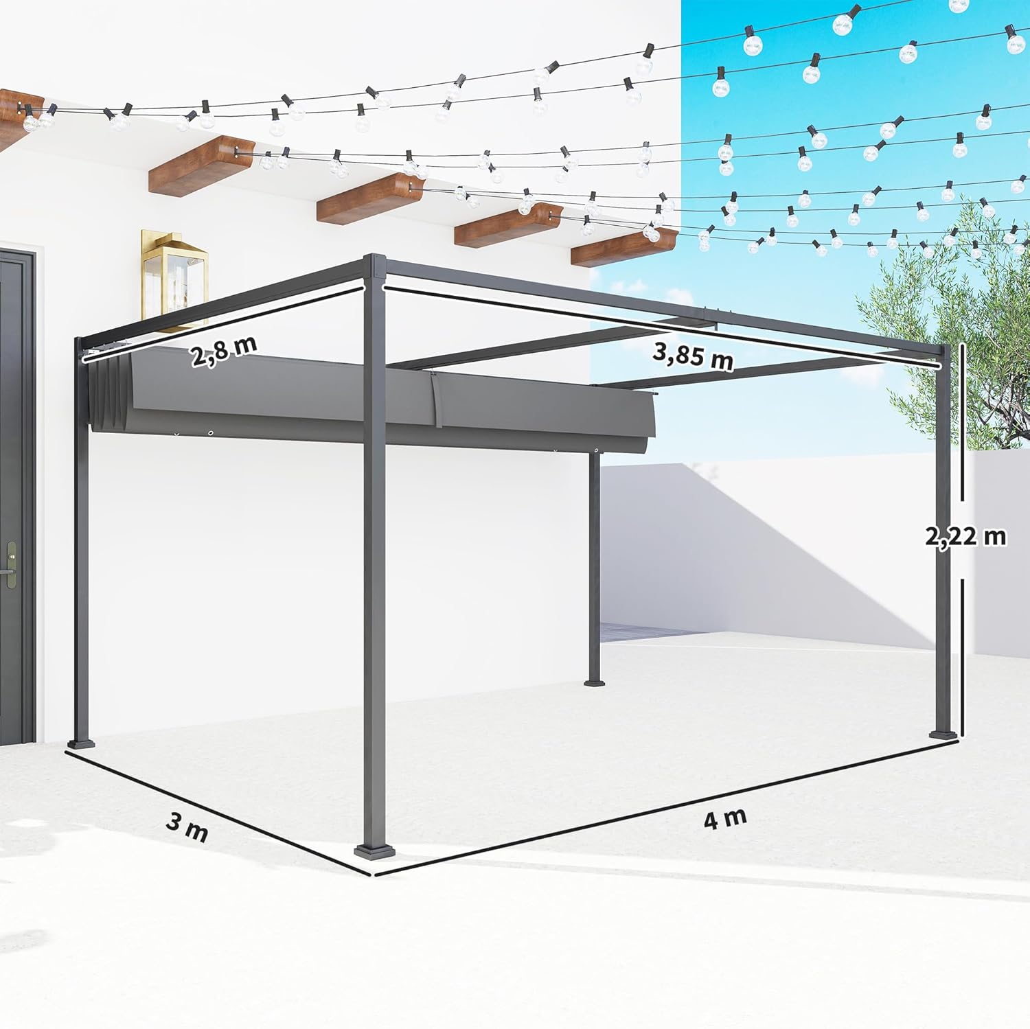 Outsunny Pergola 4x3m Garten Pavillon, Terrassendachung aus Stahl, Gartenpavillon mit verstellbares Dach, Freistehend, Sonnenschutz für Terrasse und Garten, Dunkelgrau