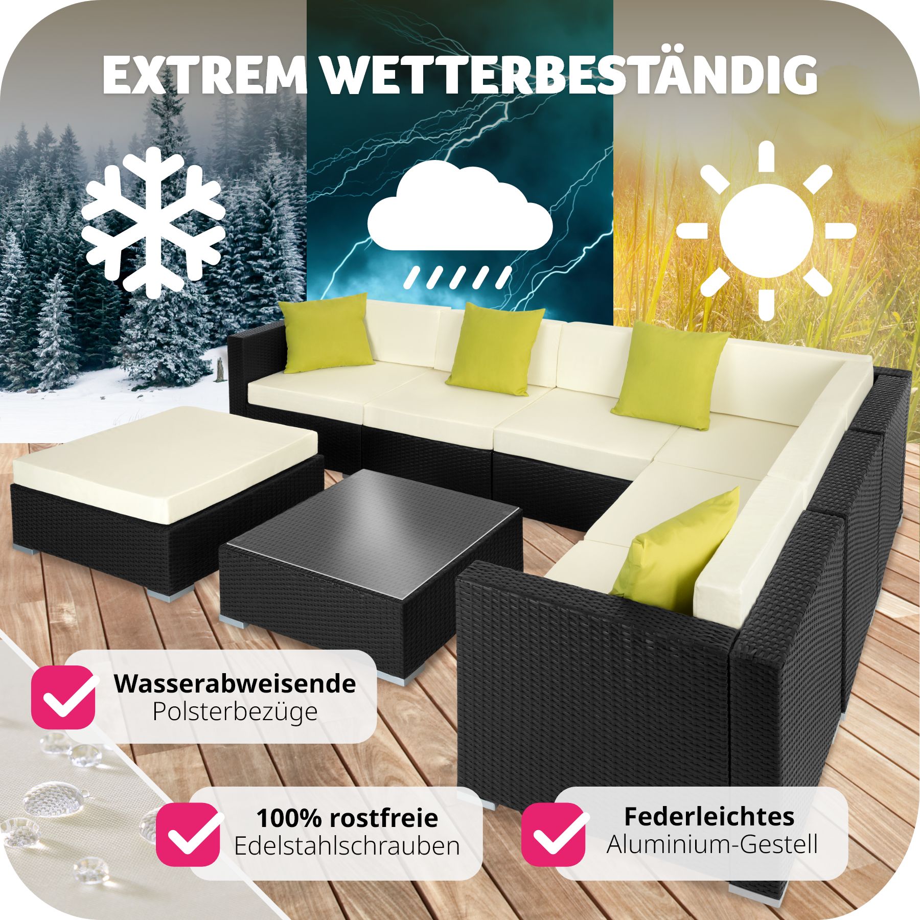 tectake® Rattan Lounge, mit Aluminiumgestell, wetterfest und UV-beständig, mit Sicherheitsglasplatte