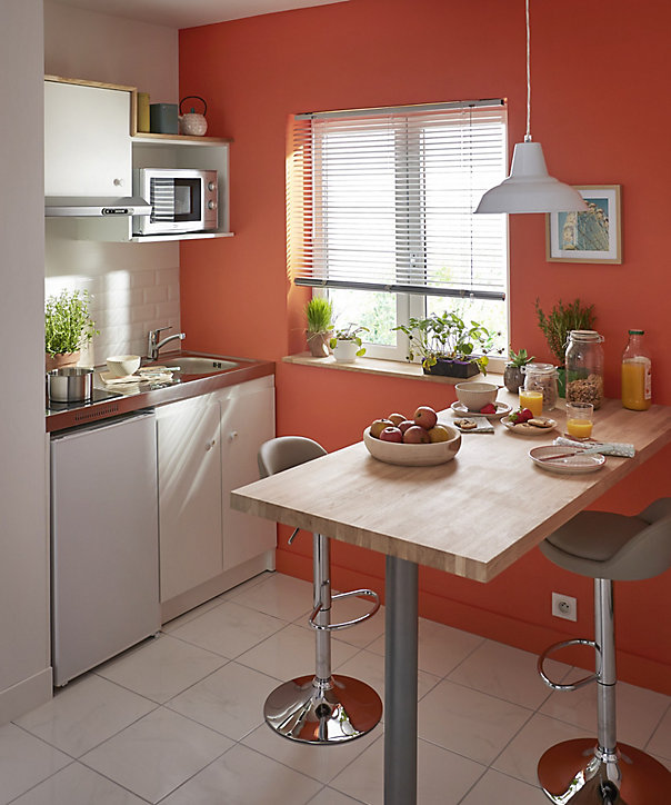 Kitchenette Simply blanche, caisson + plan de travail + évier + frigo + plaque vitrocéramique