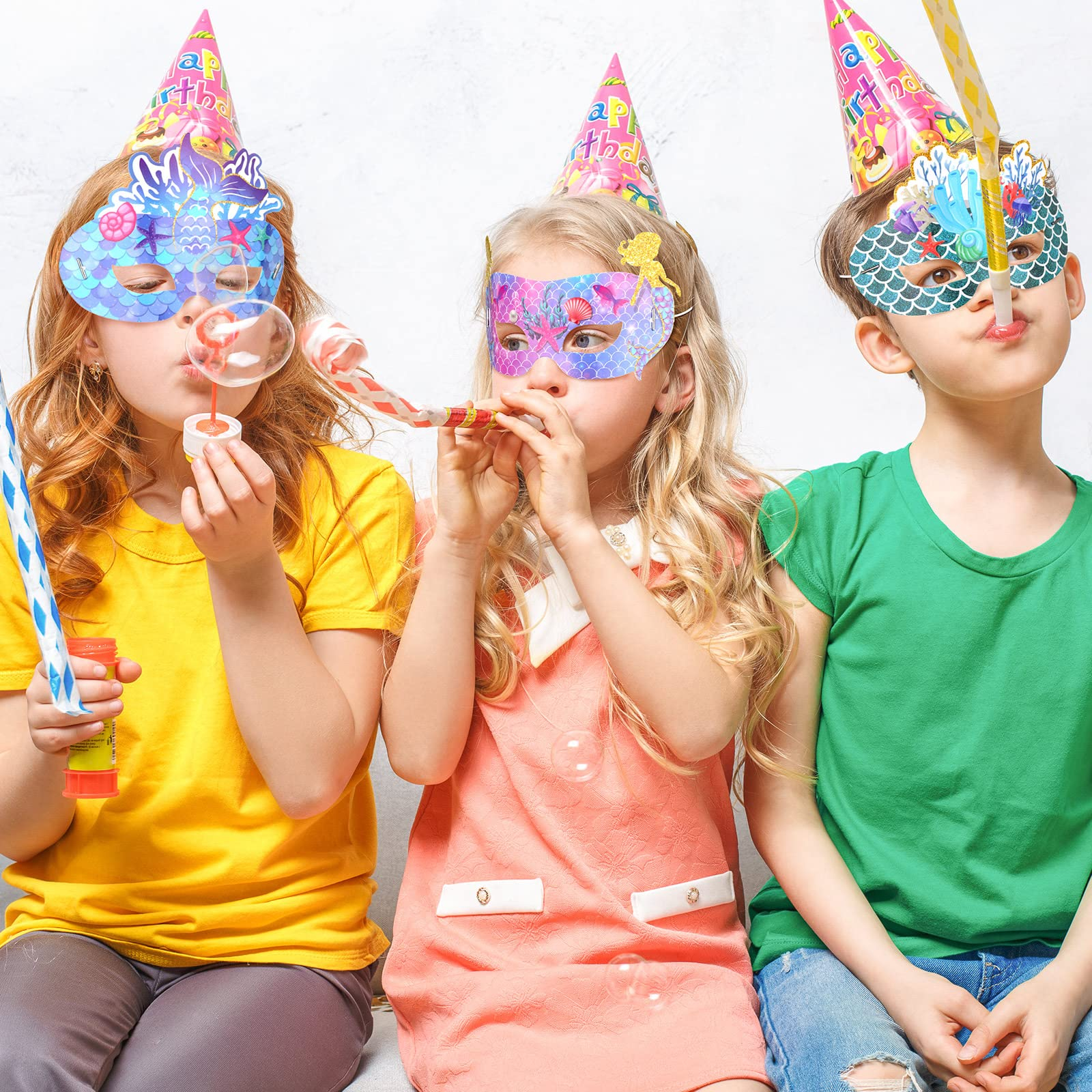 (12er Set) Papier Masken Kinder Fasnachts Kostüm Zubehör Motto Party Accessoire Geburtstag Foto Requisite - Meerjungfrau
