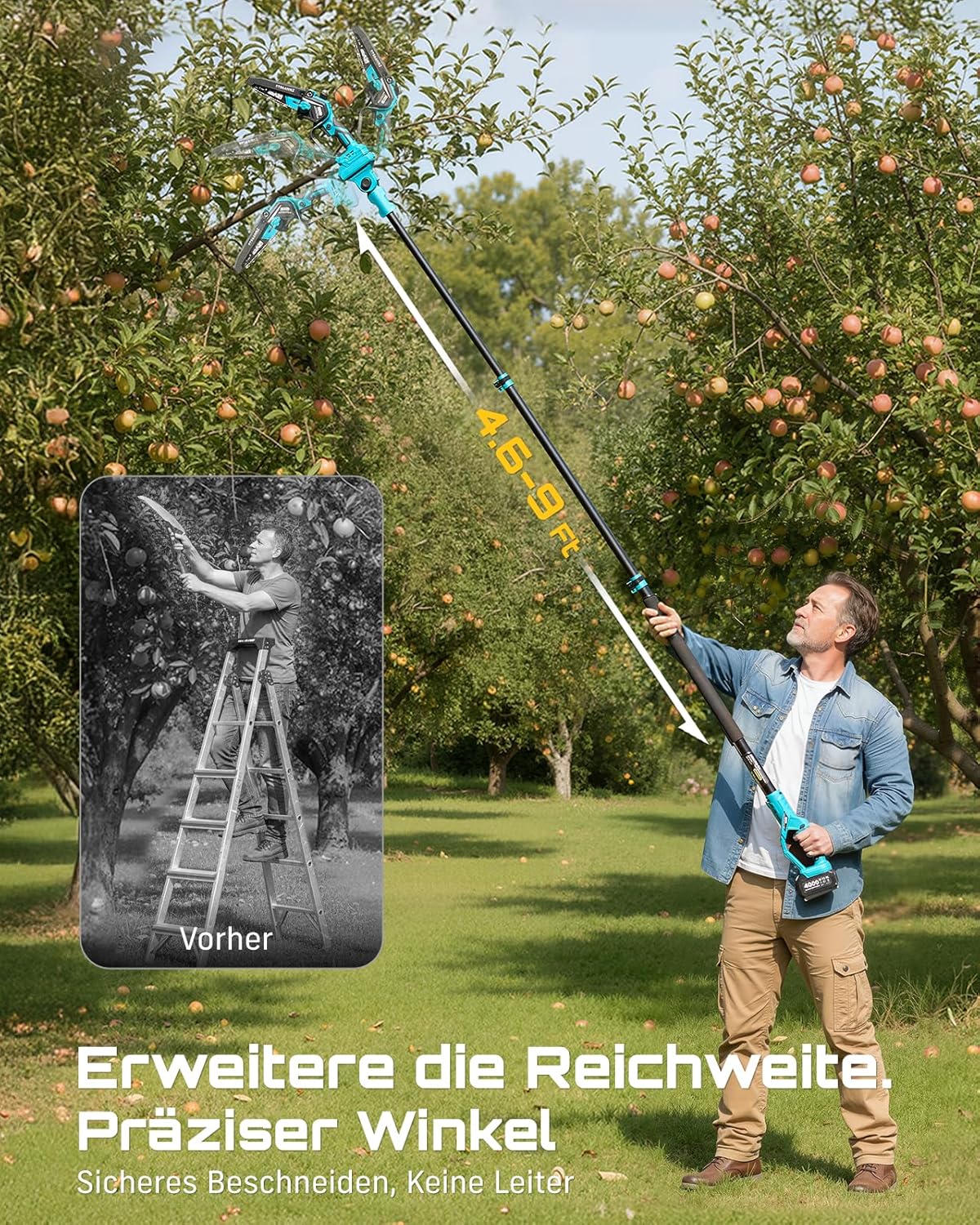 SEESII 2-in-1 Akku Hochentaster, 6-Zoll Bürstenlose Mini-Kettensäge mit 2 x 4000 mAh Batterien, 4.87m Reichweite Elektrische Kettensäge für Baum Trimmen Ast Schneiden Gartengerät