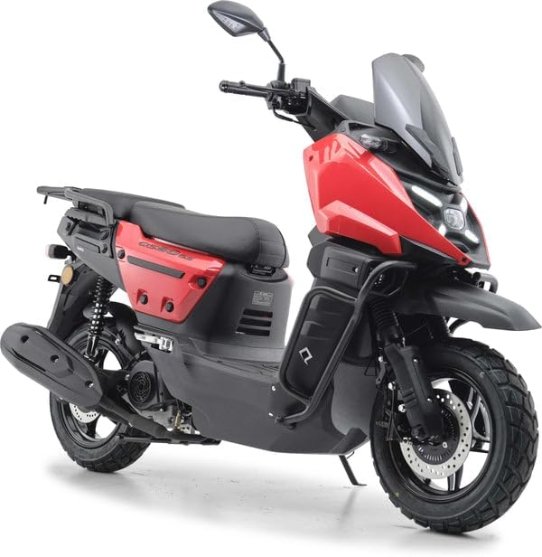 Burnout | QS50 GS Motorroller 50 ccm, motorisiert, Adventure-Design, EFI Euro 5, LED-Licht, USB, 12-Zoll, Scheibenbremsen, 6.8 L Tank, CoC, PKW-Alternative – Rot – 45 km/h
