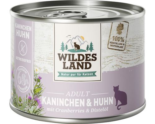 WILDES LAND natvoer voor katten, konijn en kip met veenbessen, met waardevolle superfoods, graanvrij, glutenvrij, 200 g