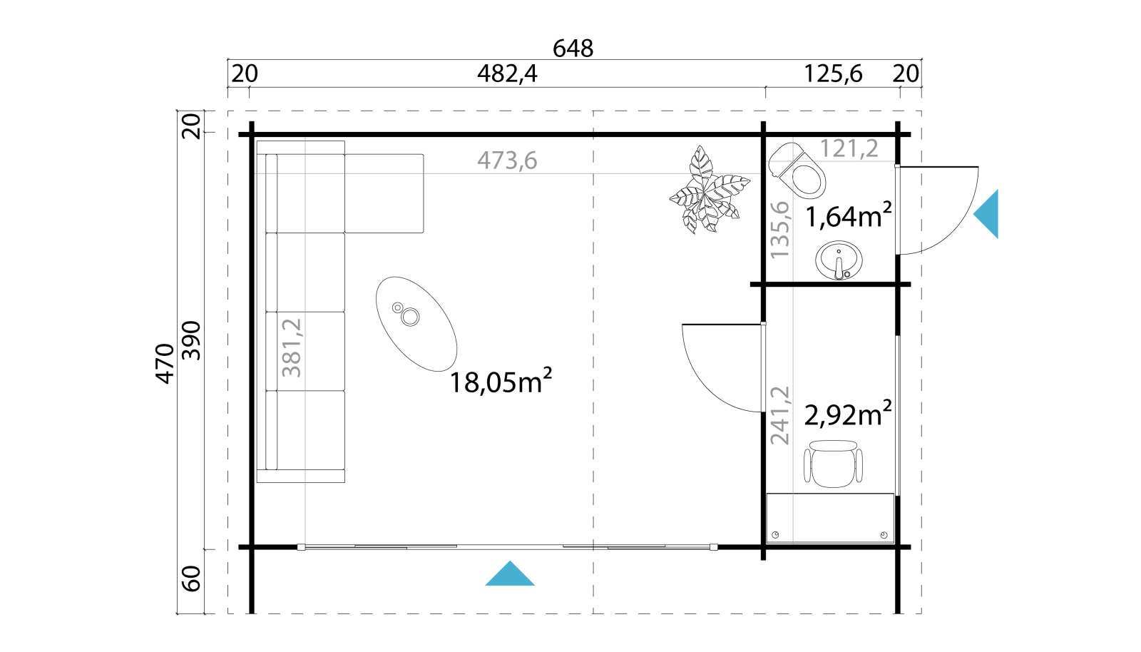 Gartenhaus JAVA - naturbelassen - Fichte massiv - 608x390 cm