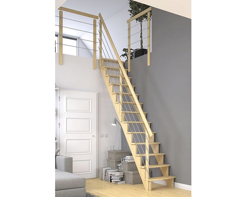 Pertura Filia grenen verlijmde gelamineerde houten trap zonder stootborden, afgedicht, recht, 75 cm, 12 treden / 13 stootborden, leuning