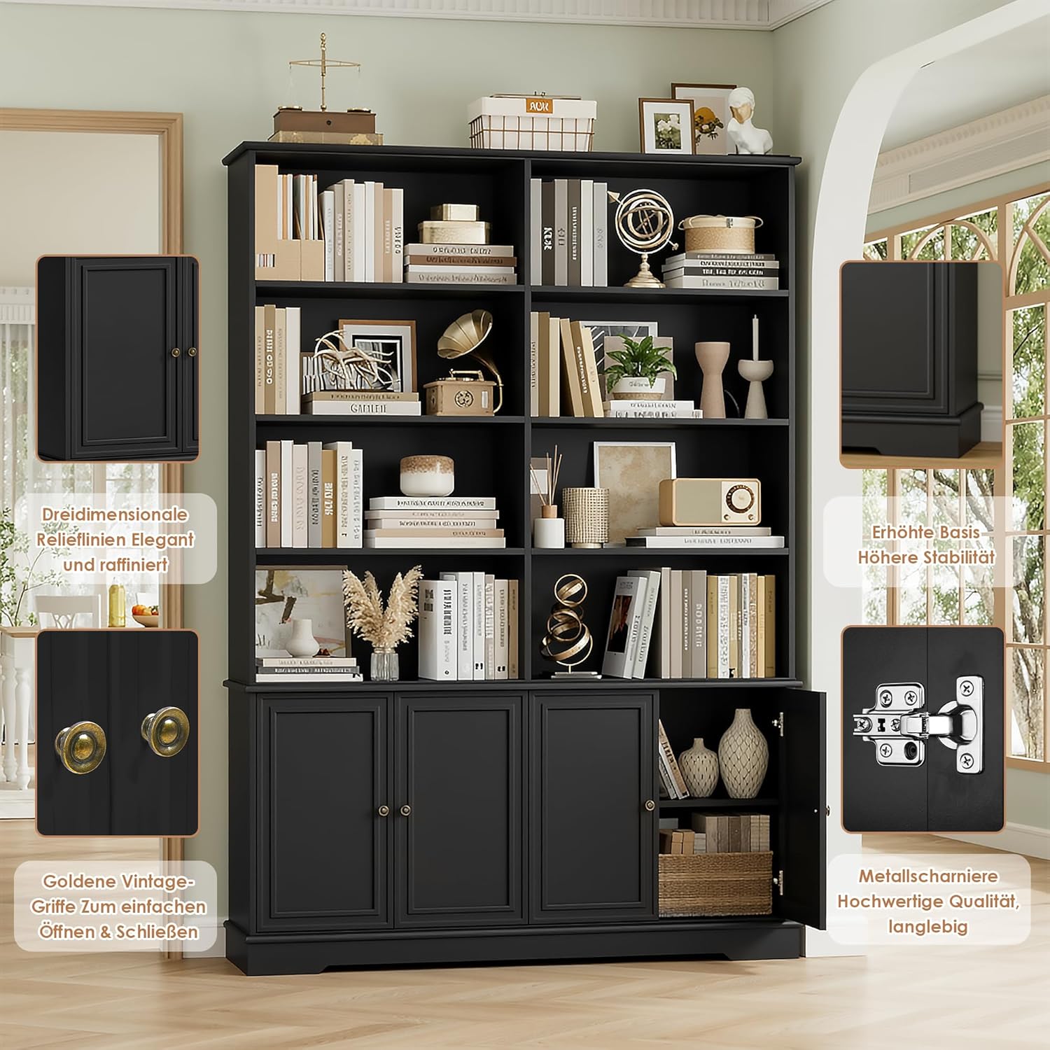 FirFurd 185cm Bücherregal mit Türen Bücherschrank mit 12 Fächern Vitrinenschrank aus Holz Hochschrank Regal mit Türen für Wohnzimmer Arbeitszimmer Büro Küche 185 x 27 x 120cm Schwarz