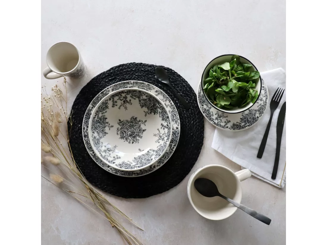 Novastyl - Lot 6 Assiettes Plates Florali 26cm En Gres Decor Noir