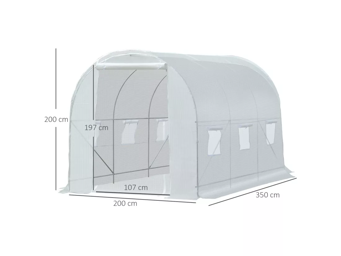Serre de jardin tunnel surface sol 7 m² 3,5L x 2l x 2H m châssis tubulaire renforcé 18 mm 6 fenêtres blanc