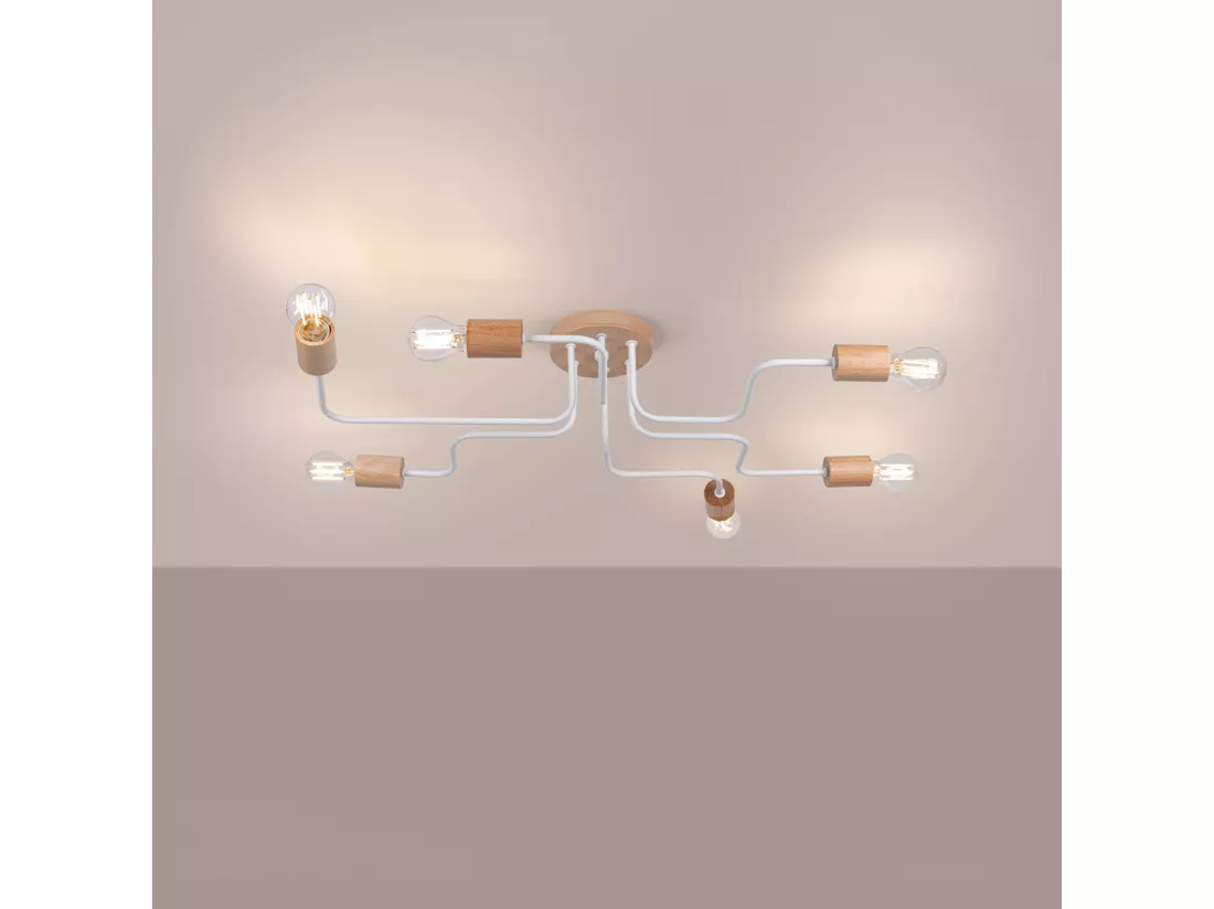 Lustre Timbo grenier en acier/bois - 6 sources lumineuses - L.85 x H.16,5 cm - blanc/bois naturel