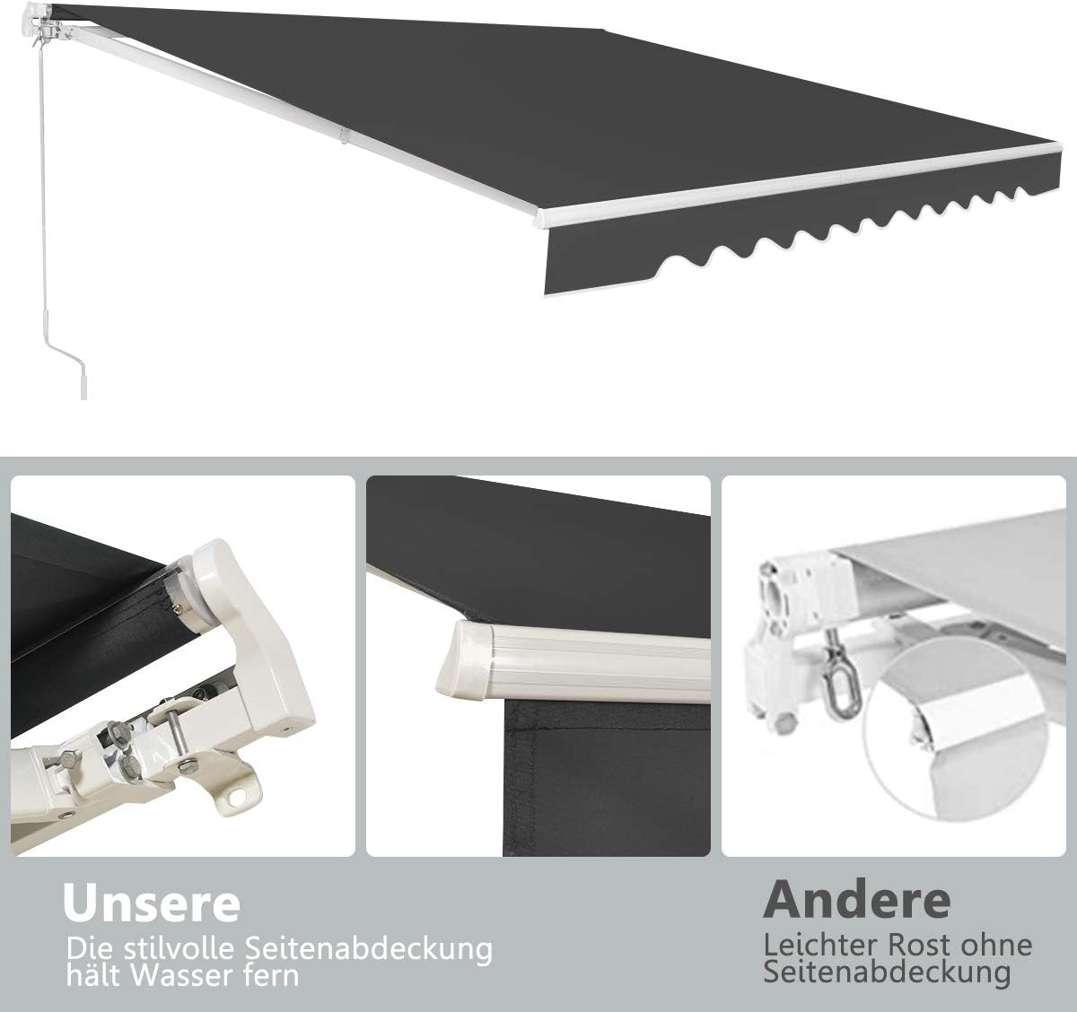 COSTWAY Markise mit Kurbel, Gelenkarmmarkise Sonnenschutz, Balkonmarkise Sonnenmarkise 5-35° Winkel einstellbar, Terrassenmarkise, Klemmmarkise für Balkon und Veranda (Grau, 360 x 300 cm)