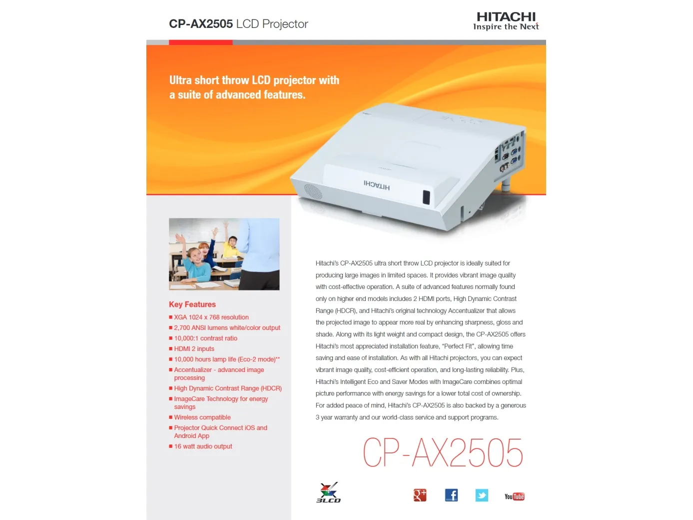 [OUTLET] - Hitachi CP AX2505 projektor - 2700 ANSI lumen - LCD - XGA (1024x768) - 10000:1 - 4:3 - 1524 - 2540 mm (60 - 100