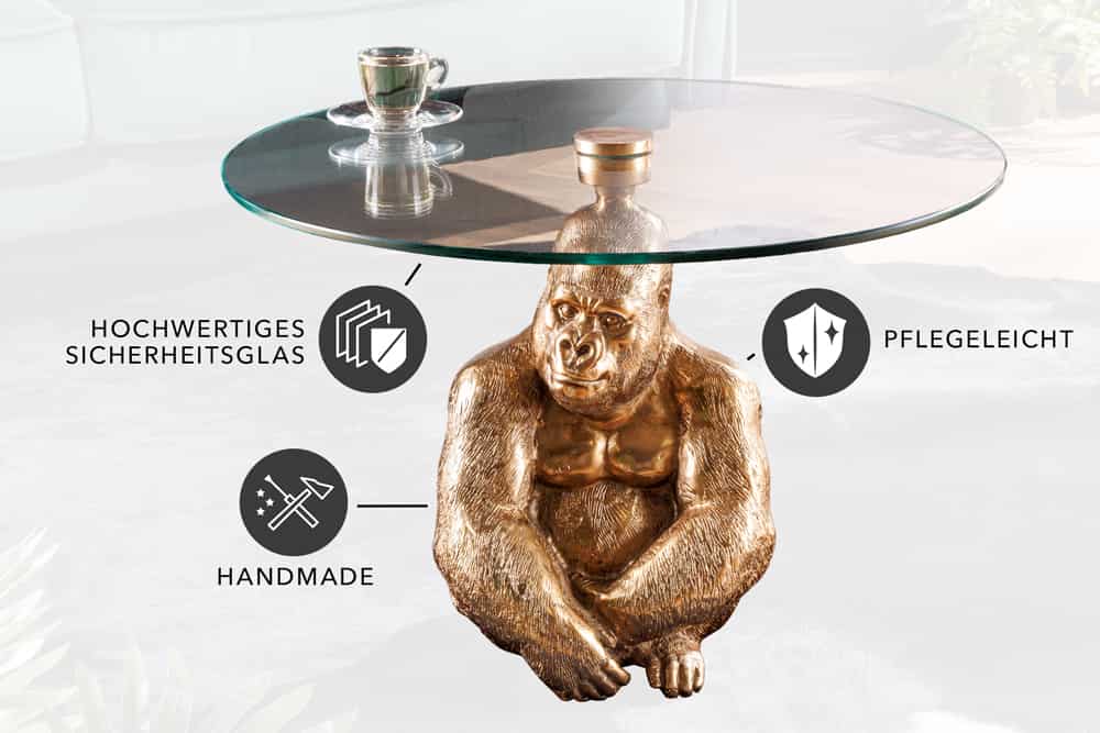 Runder Couchtisch WILDLIFE KONG 60cm gold Metall Glas Affenfigur Gorilla Skulptur handmade