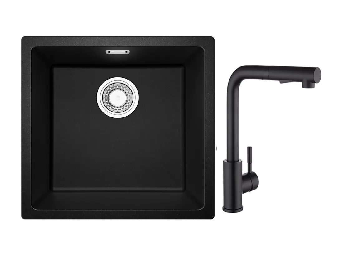 CECIPA MAX Evier 1 Bac en Quartz et Résine Noir Gris 45*44*20cm + Mitigeur de Cuisine avec Douchette Extractible Noir