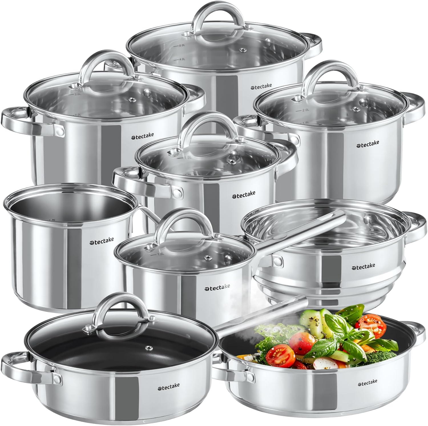 tectake® 15-tlg. Topfset, Edelstahl Kochgeschirr, Bratpfanne und Töpfe Set mit Deckel, Kochtopf Set für Induktionskochfeld, Gas- und Elektroherd geeignet, Topfsets für Camping und Wohnung, Küchensets