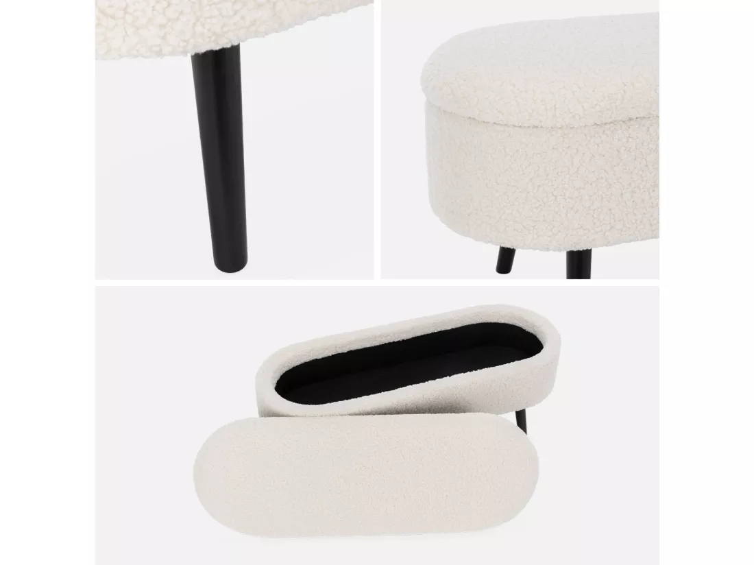 Banc coffre. bout de lit avec revêtement bouclette. écru. pieds en bois noir. L 112 x 44 x 50cm