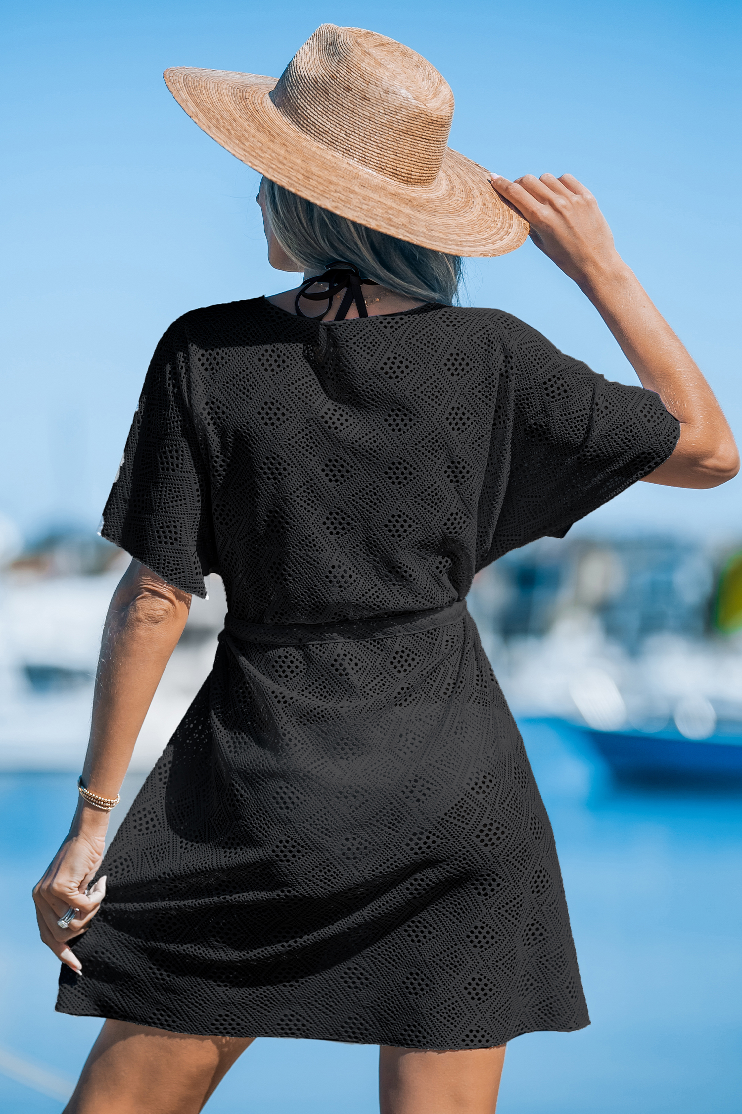 Robe cover up à manches courtes noire et transparente
