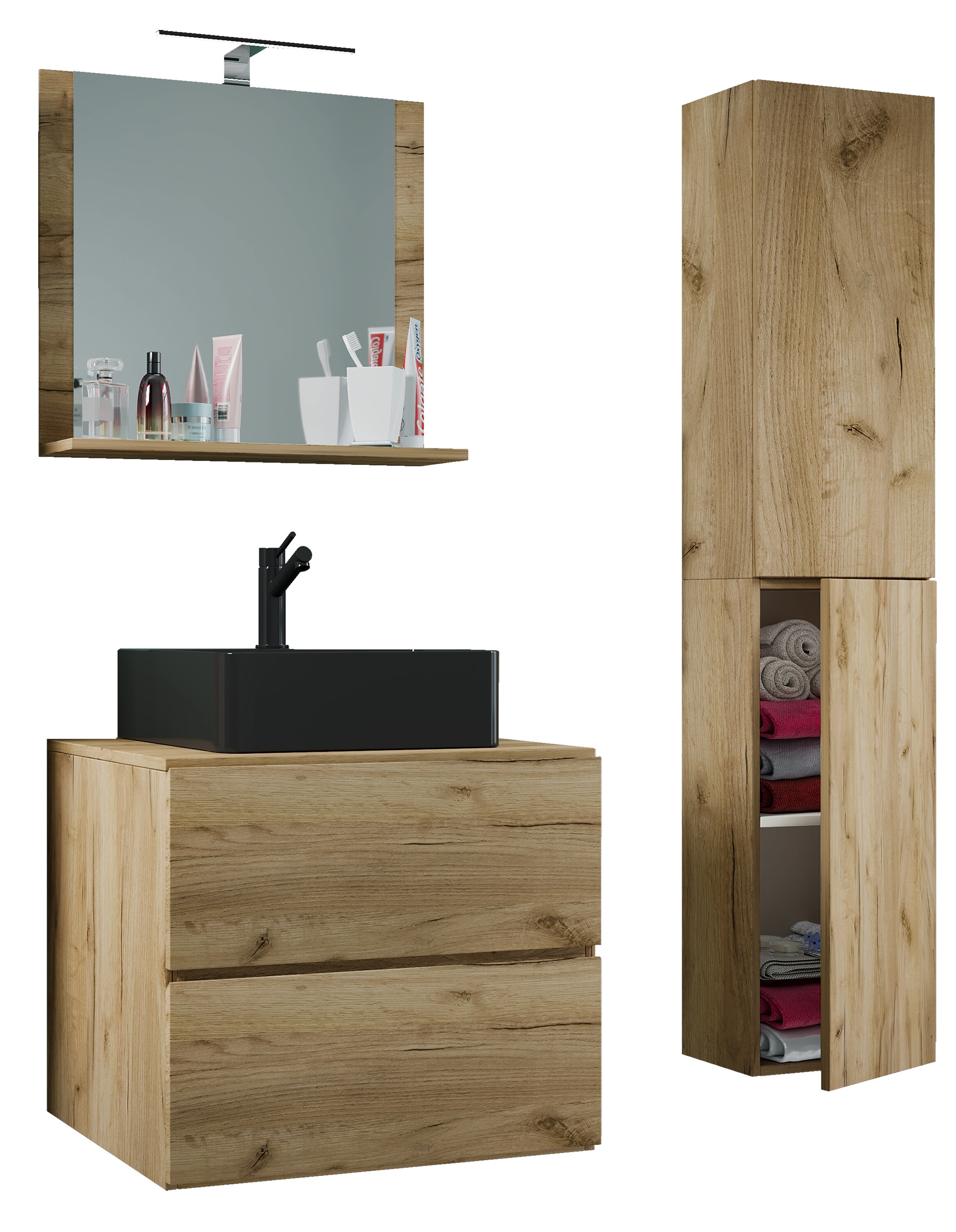 VCM 4-tlg. Waschplatz Waschtisch Badmöbel Set Waschbecken Lendas-BL Breite 60 cm L Schublade