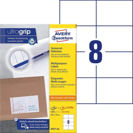 Avery Zweckform 3427-200 Universal-Etiketten,A4 mit ultragrip,105 x 74 mm, 220 Bogen/1.760 Etiketten, weiß