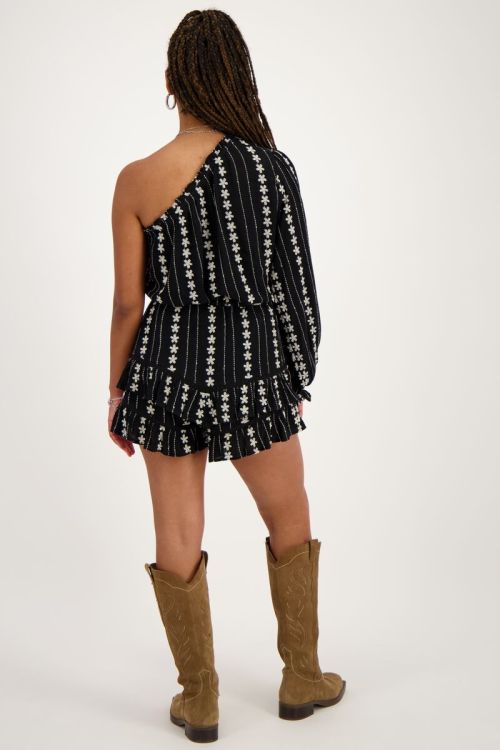 Zwart-witte one-shoulder top met embroidery