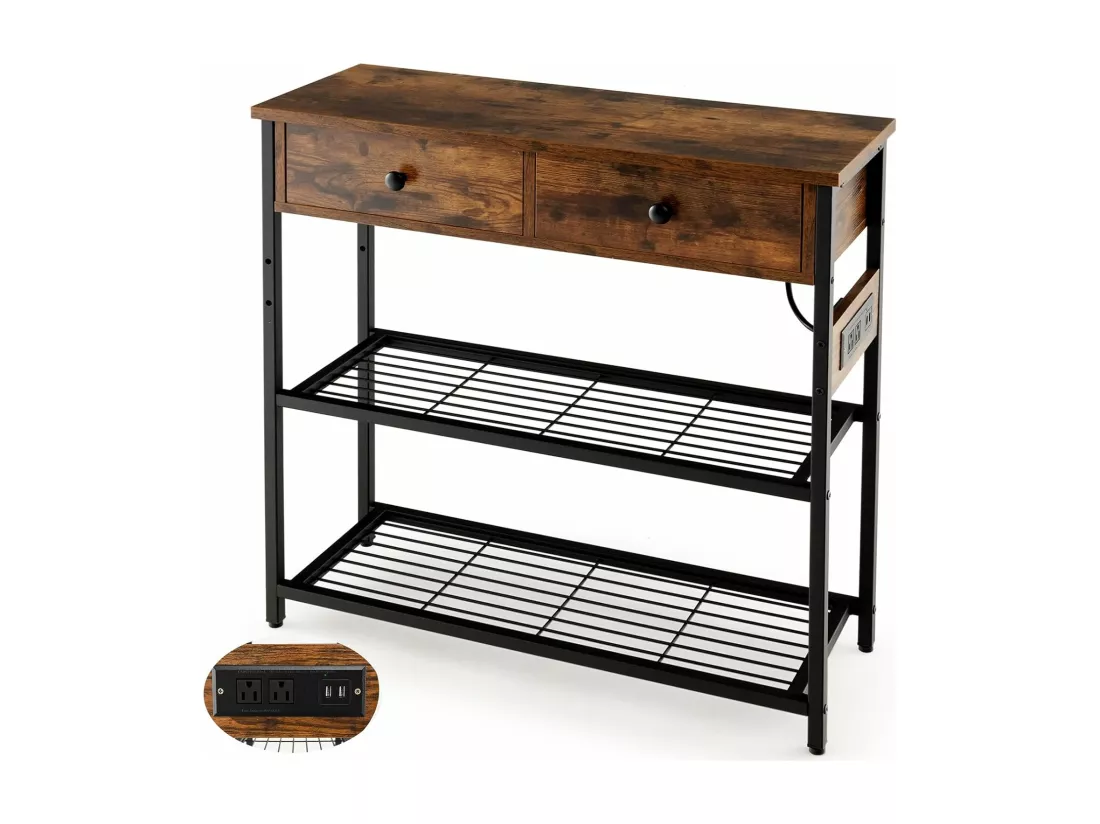 Table console 2 tiroir, console entrée 2 prises & 2 usb, marron rustique, 81 x 30 x 81 cm