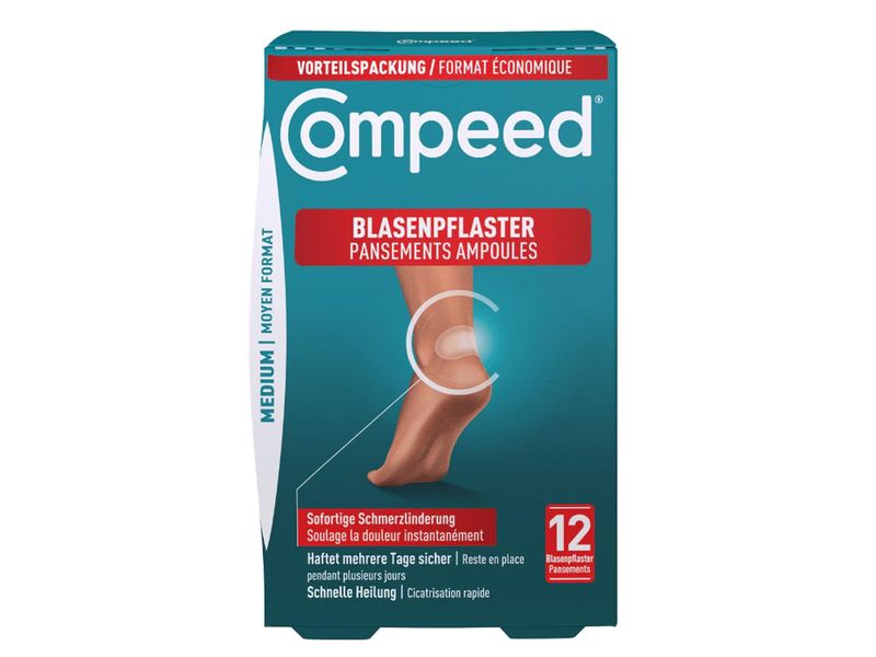 Compeed Blasenpflaster Medium 6.8 x 4.2 cm, 12 Stück Feuchtigkeitsabsorbierende, hygienische Pflaster für sofortige Schmerzlinderung