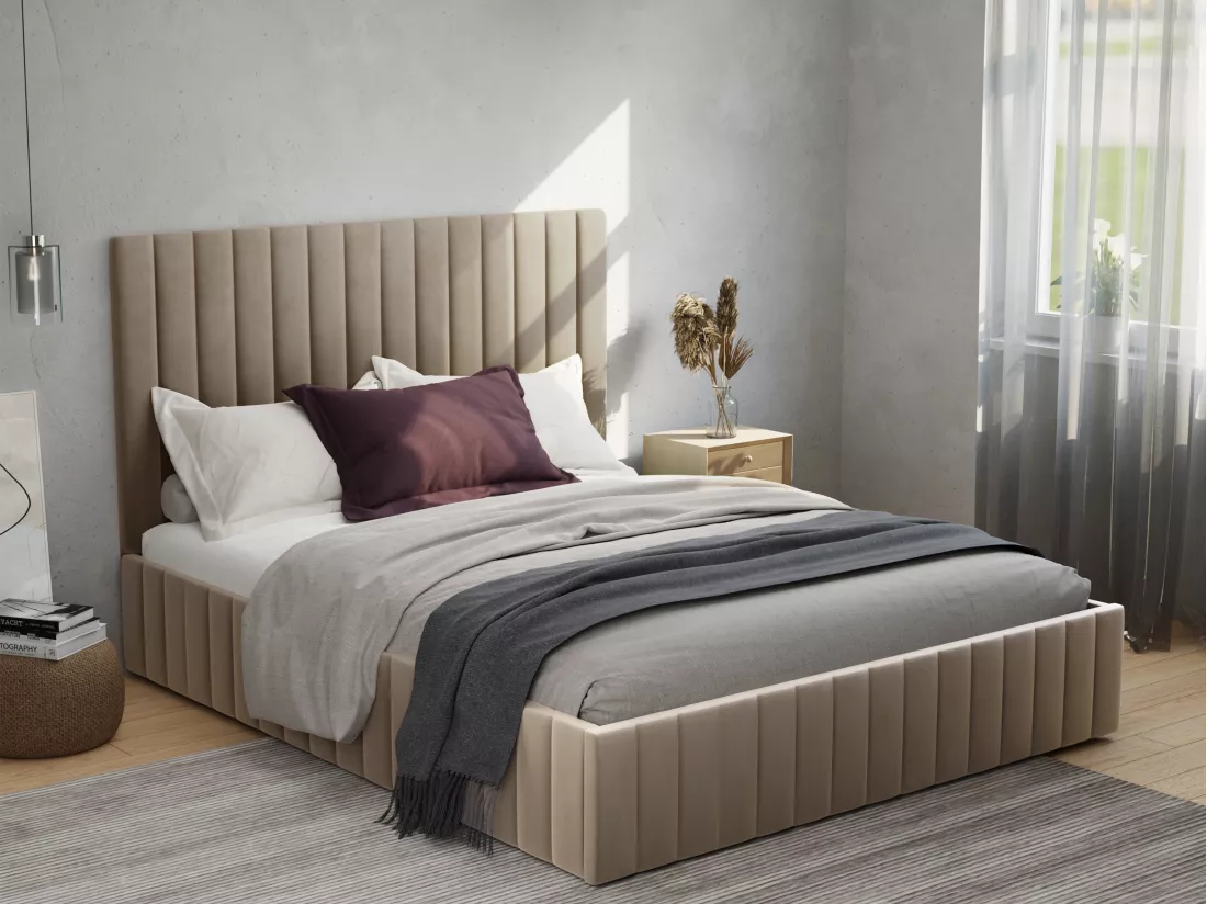 Lit coffre 160 x 200 cm avec tête de lit coutures verticales - Velours - Taupe - LARALI de Pascal Morabito