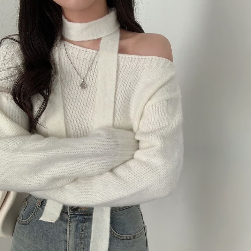 Rosesand - Lange mouwen, blote schouders, effen crop top met sjaal