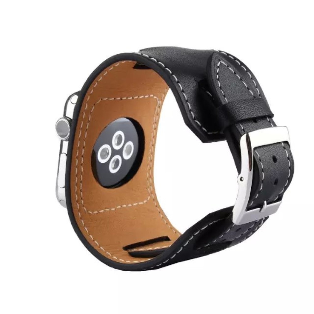 Apple Watch (49/46/45/44 mm) Modisches Manschetten Ersatz Echtleder Armband - Schwarz
