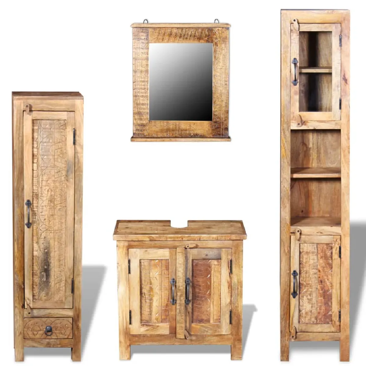 vidaXL Meuble Toilette + Miroir + 2 Armoires - Bois Manguier