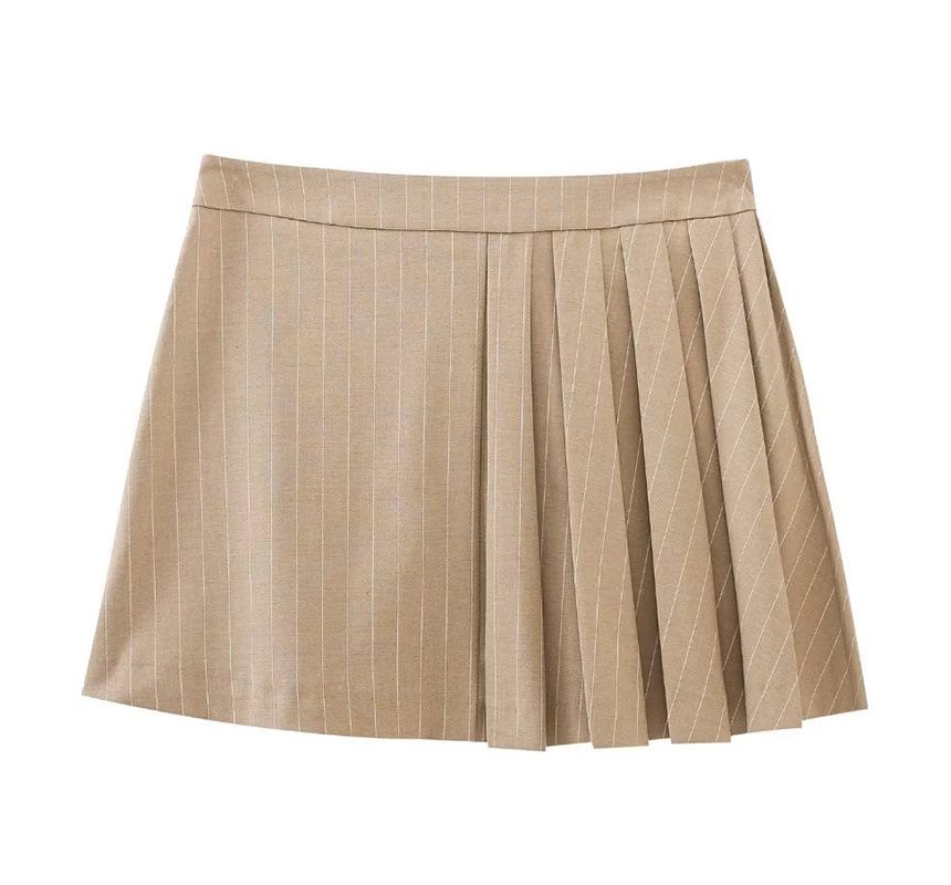 SugaYuja - Gestreept vest met knoopjes / Geplooide mini-A-lijn rok met hoge taille en krijtstreep / Set