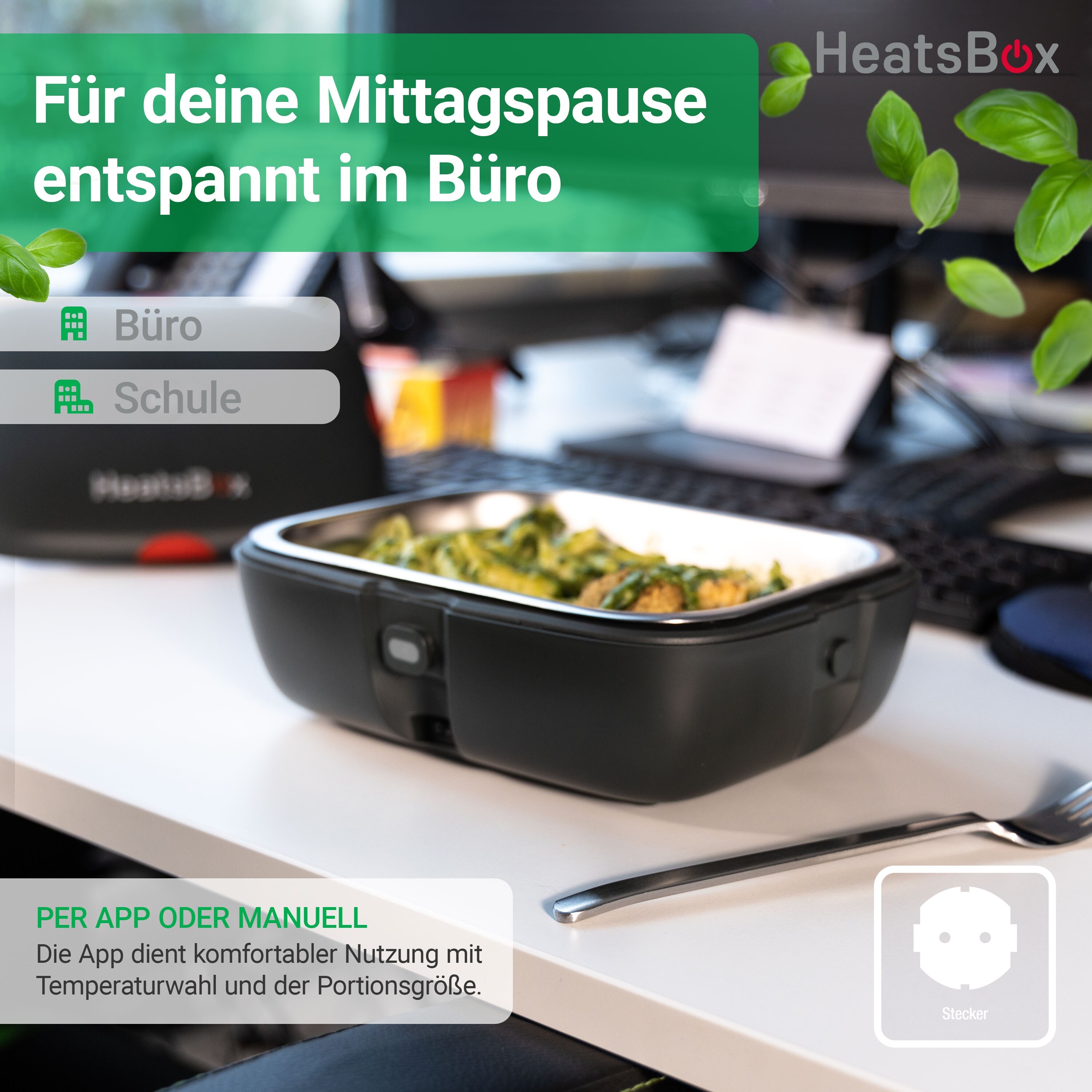 HeatsBox Style+, smarte elektrische Lunchbox, aufwärmen, App, 100 Watt, 925 ml