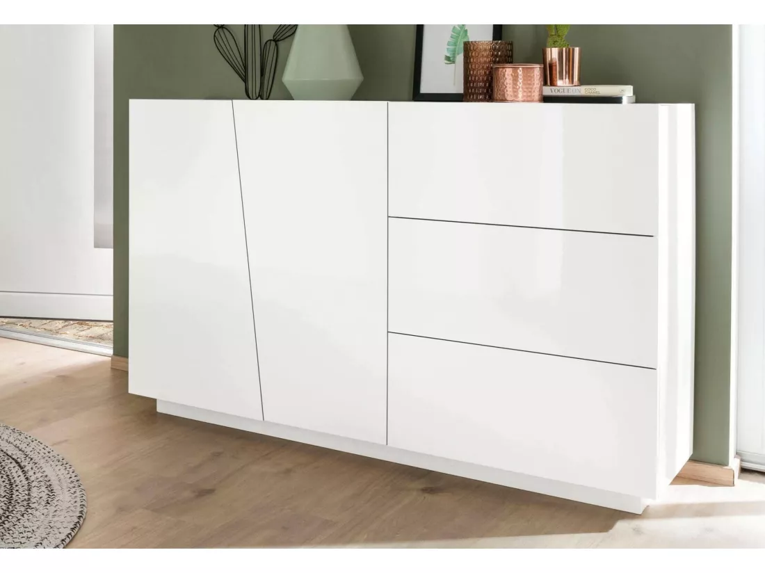 Buffet Dficagn, Buffet de cuisine avec 2 portes et 3 tiroirs, Buffet de salon, 100% Made in Italy, 141x43h86 cm, Blanc brillant