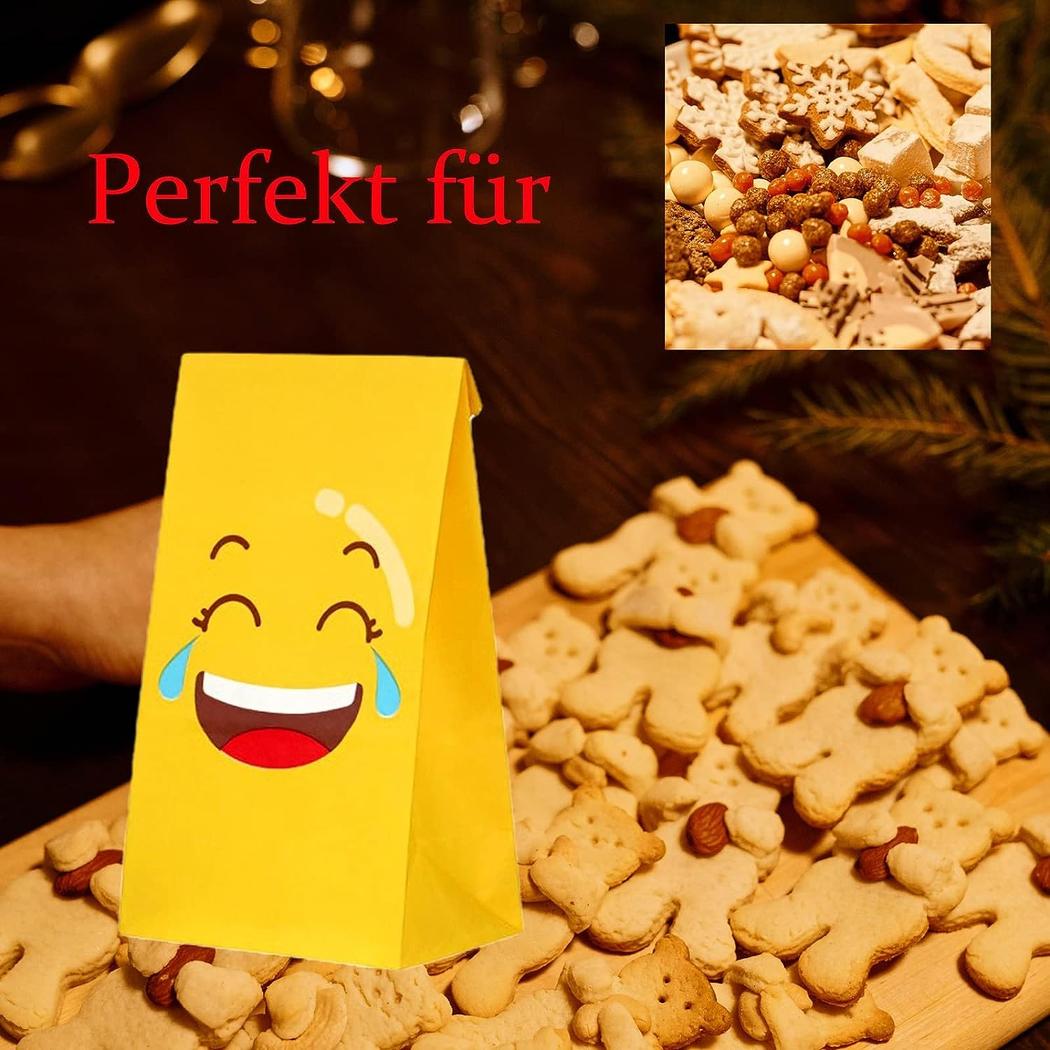 (48-tlg. Set) 12x22.5cm Kraftpapier Tüten Kinder Geschenktasche Candy Gift Bags Papiertüten inkl. Sticker - Emoji